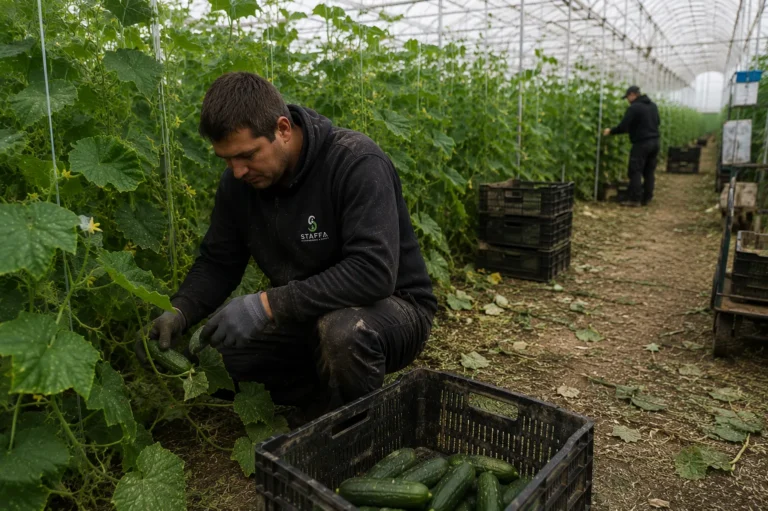 Medewerker oogst komkommers in een kas