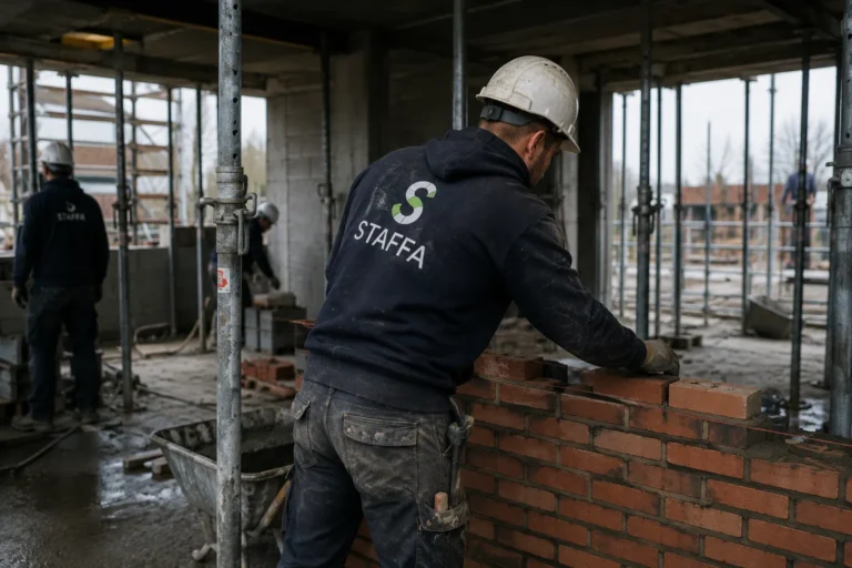 Metselaar aan het werk op een bouwplaats