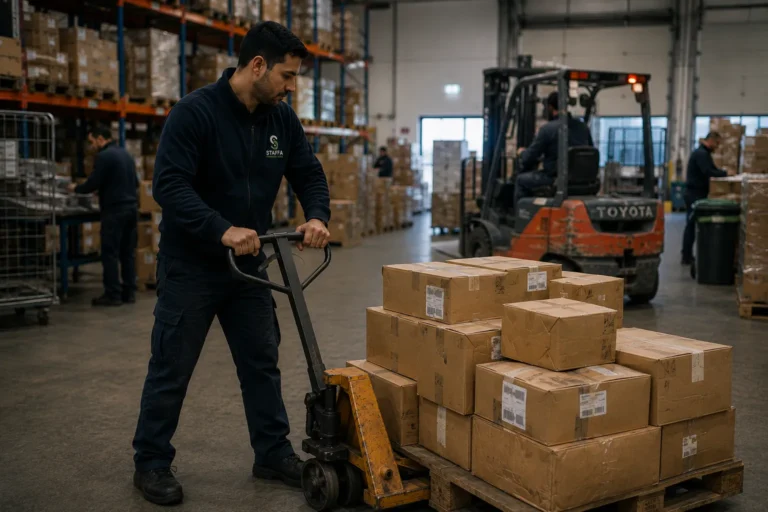 Logistiek medewerker met een palletwagen in een magazijn