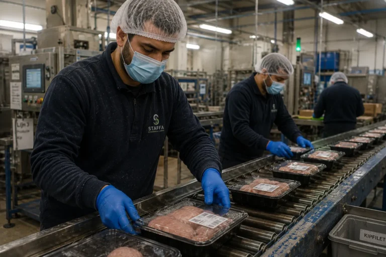 Productiemedewerkers verpakken bakjes aan een lopende band