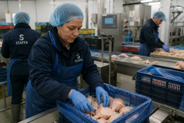 Medewerker verwerkt kippenvlees aan een productielijn
