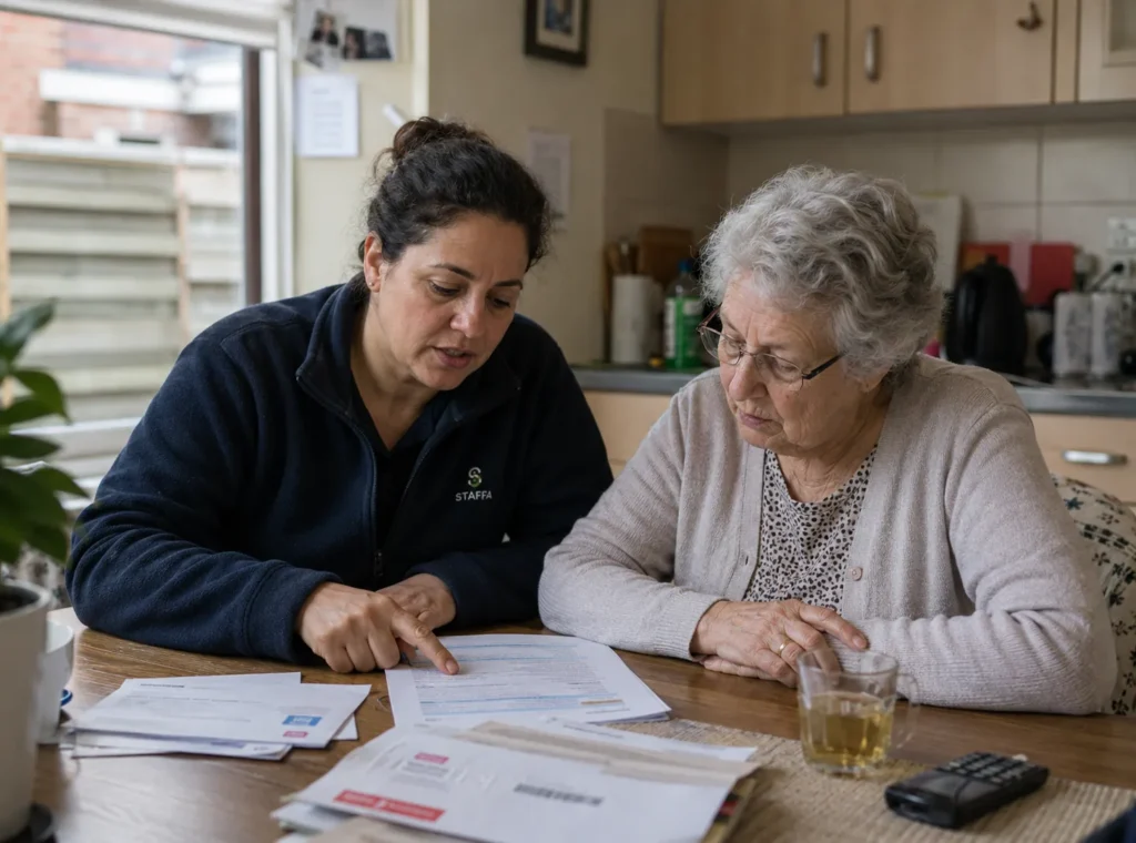Begeleider van STAFFA Care neemt post door met een oudere dame
