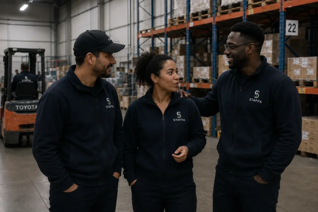 Drie collega's van STAFFA in een magazijn